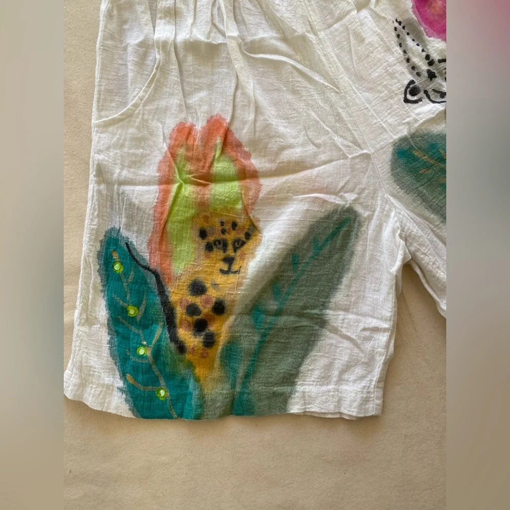 Valerie Lynn Designer Artwear White Shorts Animal Floral Painted Vintage 80s OS - Picture 5 of 8